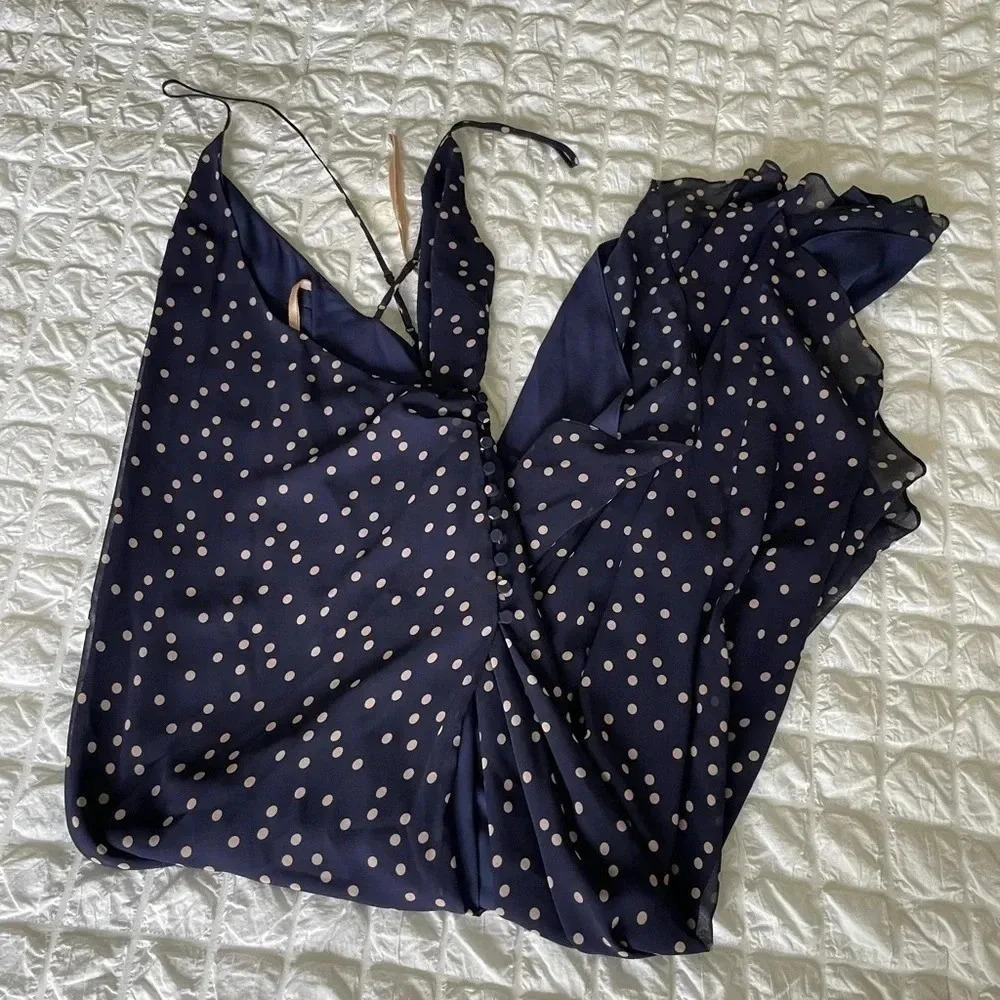 Fame & Partners blue polka dot asymmetrical maxi dress